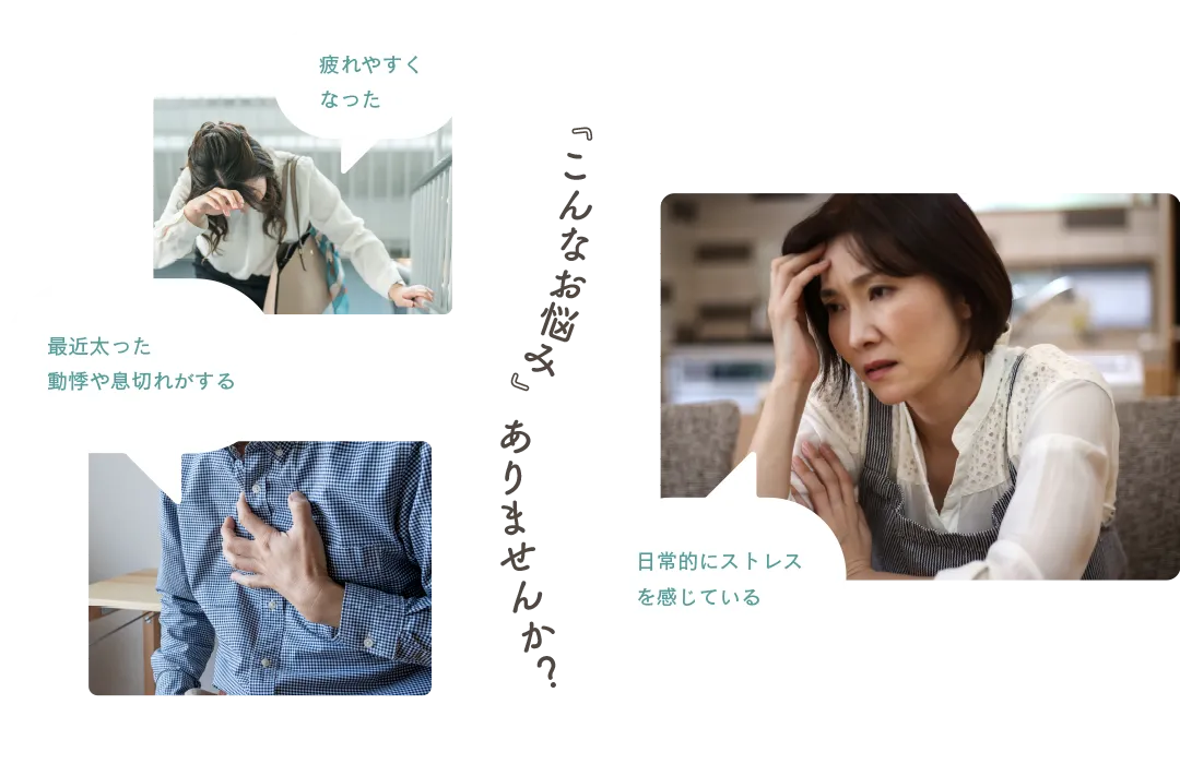 こんなお悩みありませんか？疲れやすくなった、日常的にストレスを感じている、最近太った・動悸や息切れがする